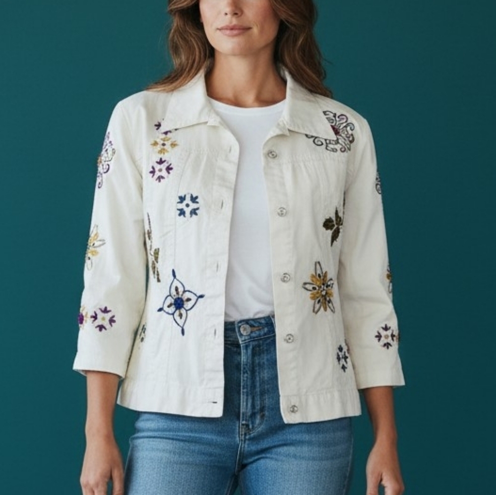 VTG TUSCANY Floral Embroidered Bedazzled Jewel White Festival Blazer Jacket